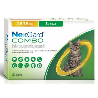 NexGard Combo roztok 3 x 0,9 ml na vonkajšiu aplikáciu na kožu pre mačky 2,5 - 7,5 kg